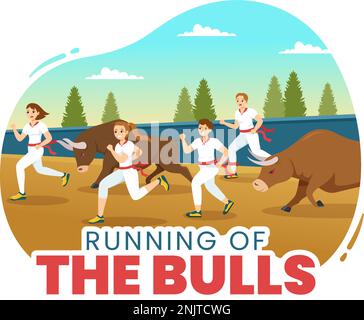 „Running of the Bulls Illustration with Bullfighting Show in Arena“ in einem flachen Cartoon, handgezeichnet für Webbanner oder Landing-Page-Vorlage Stock Vektor