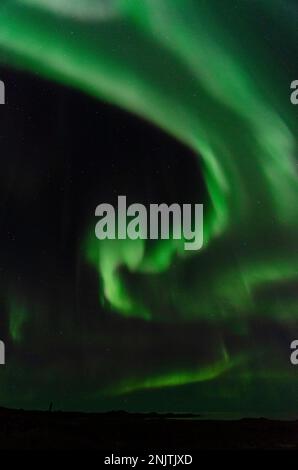 Ein beeindruckender Blick auf den Nachthimmel, beleuchtet von einem lebendigen, bunten aurora Borealis, der die schneebedeckte Landschaft darunter erleuchtet Stockfoto