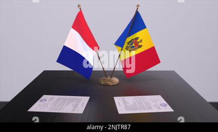 Die Flagge der Republik Moldau und Frankreichs liegt im diplomatischen Konferenzraum auf dem Tisch. 3D-Illustration: Politische Vereinbarung. Stockfoto