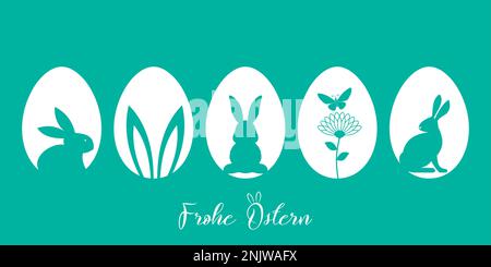 Ostersilhouettenvektor in Grün. Ostergruß in deutscher Sprache Ostersymbol Ornament mit Osterhasen, Osterei, Blumen und Schmetterling. Stock Vektor