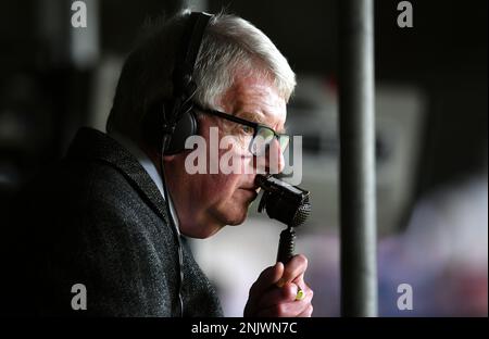 Aktenfoto von 13-05-2018 von John Motson. Der Fußballkommentator John Motson ist im Alter von 77 Jahren gestorben, hat die BBC angekündigt. Ausgabedatum: Donnerstag, 23. Februar 2023. Stockfoto