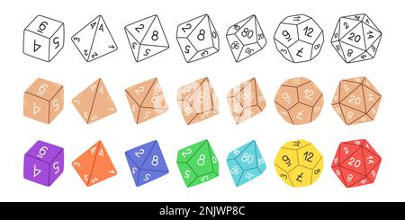 D8 D10 D12 D20 Würfel für Brettspiele, RPG Würfel für Tischspielvektor Stock Vektor