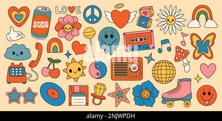 Groovy Set Hippie 70s. Cartoon Blume Regenbogen Frieden Liebe Herz Gänseblümchen Pilze etc Aufkleberpack im trendigen Retro-Style. Stock Vektor