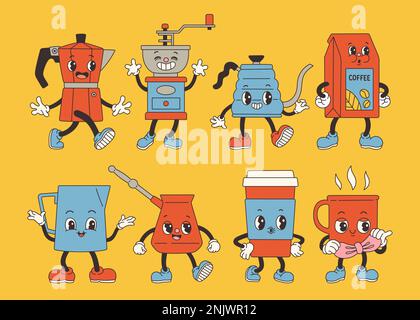 Groovy Kaffee Set Figur klassischer Cartoon Stil. Retro Mascot Vintage Coffee Character Illustration Stock Vektor