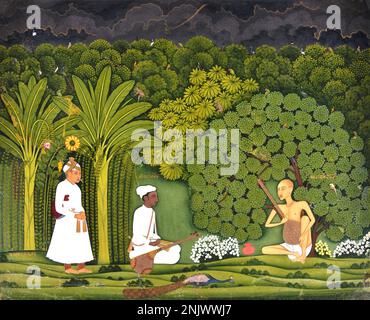 Indien: Swami Haridas mit Tansen und Kaiser Akbar in Vrindavana. Malerei, c. 1730er. Akbar (25. Oktober 1542 bis 27. Oktober 1605), auch bekannt als Shahanshah Akbar-e-Azam oder Akbar der große, war der dritte Mogul-Kaiser. Er war von timuridem Abstammung; der Sohn von Kaiser Humayun und der Enkel von Kaiser Babur, dem Herrscher, der die Mogul-Dynastie in Indien gründete. Am Ende seiner Herrschaft im Jahr 1605 erstreckte sich das Mogul-Reich über den größten Teil des nördlichen und mittleren Indiens. Im Volksmund als heiliger Musiker Nordindiens bekannt, soll Swami Haridas die Inkarnation von Lalita Sakhi, einer lieben Freundin von Radha, sein. Stockfoto