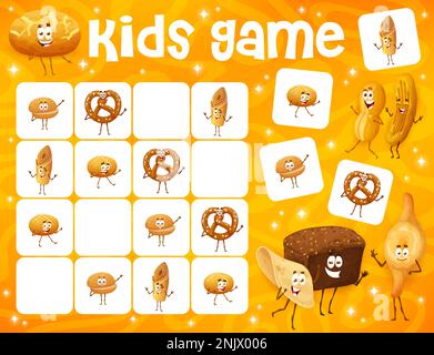 Sudoku-Kinderspiel. Cartoon-Bäckerei, Gebäck und Brotfiguren. Sudoku Kids Remus, Logikrätsel-Vektor-Arbeitsblatt mit Maisbroa, Injera, Cunape und Marraqueta, Tortilla, Burger-Brötchen-Comic-Figuren Stock Vektor