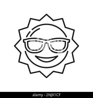 Sonnenbrille, lsf-Sonnenschutzsymbol. Umrissschild mit Sonnenlicht, fröhliche Sommersonne in Brille, lichtschutzfaktor und UV-Schutz Stock Vektor