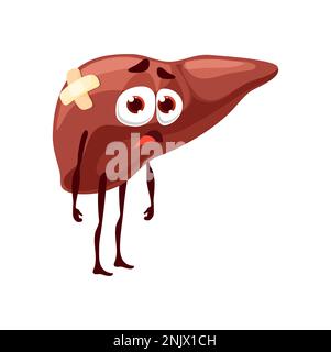 Leberkranke Körperorgancharakteristika. Cartoon-Vektor ungesunde innere Organe, anatomische Personage mit traurigem Gesicht und Gips. Gesundheitsmedizin, Hepatitis-Krankheit, Leberschäden oder Entzündungskrankheit Stock Vektor