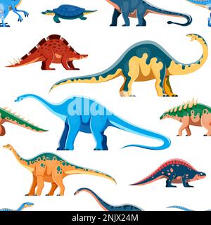 Lustige Dinosaurier Cartoon-Figuren, nahtloses Muster. Jurassic-Ära Eidechsen-Textil-Vektormuster mit Henodus-, Shunosaurus-, Wuerhosaurus- und Melanorosaurus-, Haplocanthosaurus-, Polacanthus-Persönlichkeiten Stock Vektor