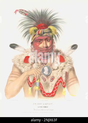 Ne-Sou-A Quoit, ein Fuchs-Häuptling - trägt ein aufwendiges Kopfkleid, Ohrringe, Halskette und Pelzschulterkleidung, gemalt von Charles.Bird King - 1837 Stockfoto