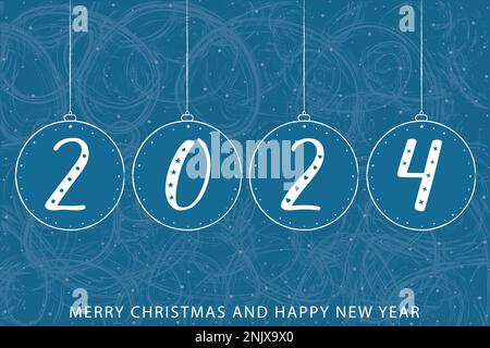 Neujahrskarte 2024. Handgeschriebene Zahlen in Weihnachtsbällen. Weißer Text Frohe Weihnachten und Frohes neues Jahr. Blauer Hintergrund, mattes Muster. Stock Vektor