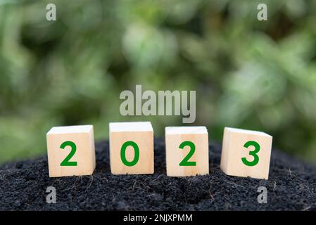 Holzwürfel. Neujahrskonzept 2023 Stockfoto