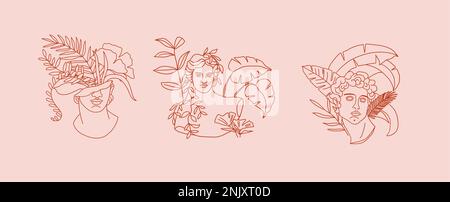 Abstrakte Boho-Illustration mit antiker Statue, geometrischen Formen und Blumen. Vector zeitgenössischer Hintergrund-Boho-Minimalismus-Style. Vektordarstellung Stock Vektor