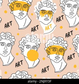 Abstraktes, nahtloses Muster mit antiken Elementen, Skulpturen griechischer Götter und Göttin, Pfosten, Formen, Sonne, Mond, Blätter. Minimale Strichzeichnungen und handgezeichnete Illustrationen. Vektordarstellung Stock Vektor