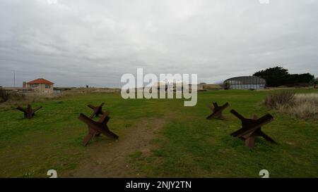 Utah Beach Landingsmuseum, Denkmäler aus den Divisionen, die am Utah Beach gekämpft haben. Normandie France 4 Februari 2023. Stockfoto