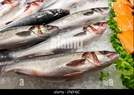 Frischer Fisch auf dem Tisch mit Eis auf dem Fischmarkt Stockfoto