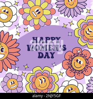 Siebziger Jahre Retro Flower Power Hintergrund mit Hippie Blumen. Internationaler Frauentag. Tag des 8. März. Muttertag. Bunte Illustration in den 70er 60er Jahren Stock Vektor