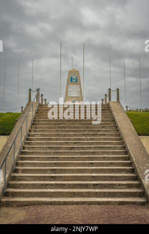 Utah Beach Landingsmuseum, Denkmäler aus den Divisionen, die am Utah Beach gekämpft haben. Normandie France 4 Februari 2023. Stockfoto