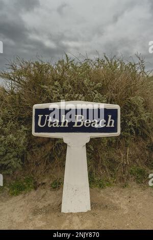 Utah Beach Landingsmuseum, Denkmäler aus den Divisionen, die am Utah Beach gekämpft haben. Normandie France 4 Februari 2023. Stockfoto