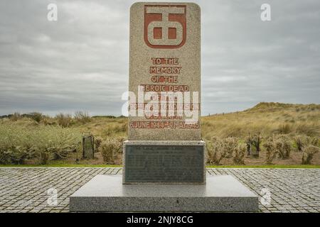 Utah Beach Landingsmuseum, Denkmäler aus den Divisionen, die am Utah Beach gekämpft haben. Normandie France 4 Februari 2023. Stockfoto