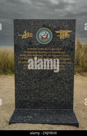 Utah Beach Landingsmuseum, Denkmäler aus den Divisionen, die am Utah Beach gekämpft haben. Normandie France 4 Februari 2023. Stockfoto