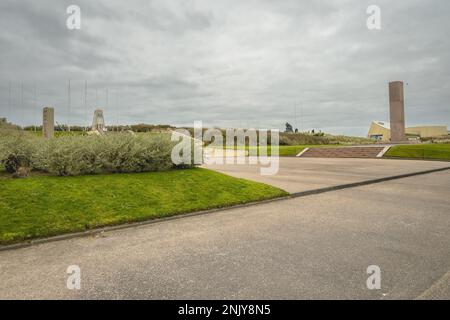 Utah Beach Landingsmuseum, Denkmäler aus den Divisionen, die am Utah Beach gekämpft haben. Normandie France 4 Februari 2023. Stockfoto