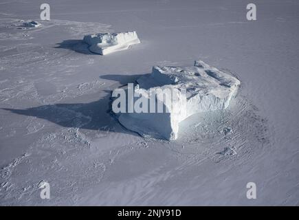 Eisberge im Meereis im Uummannaq-Fjord in der Nähe der Qaarsut-Siedlung im Nordwesten Grönlands Stockfoto