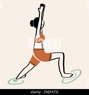 Vektordarstellung der Seitenansicht einer fitten Frau mit dunklem Haar in Aktivbekleidung, die beim Yoga-Training Ashta Chandrasana posiert Stockfoto