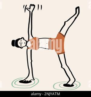 Einfache Vektordarstellung des ganzen Körpers einer jungen barfüßigen Frau mit dunklem Haar in Sportbekleidung, die beim Yoga-Training Half Moon Asana vorführt Stockfoto