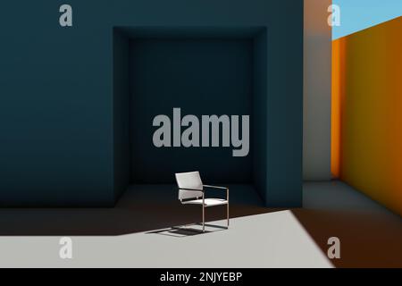 Moderner minimalistischer Außenbereich mit weißem Stuhl an den Wänden Stockfoto