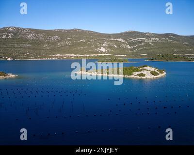 Draufsicht über die Bucht von Mali Ston auf der Halbinsel Peljesac. Austernfarmen im türkisfarbenen Meerwasser. Stockfoto