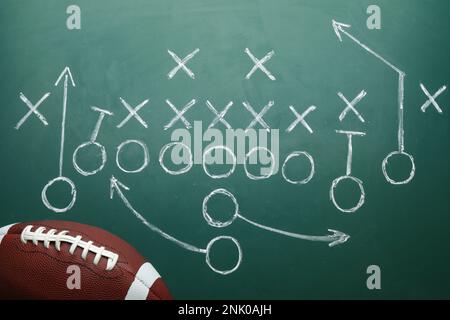 Rugby-Ball und American Football-Strategiespiel auf grüner Tafel, Draufsicht Stockfoto