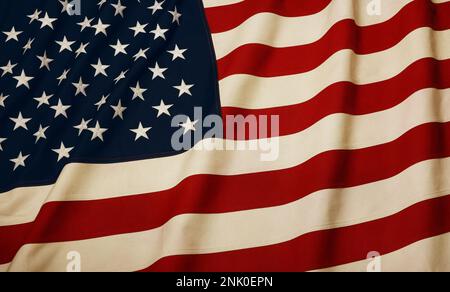 Nahaufnahme Vintage verwitterte schwere Baumwolle Leinwand bestickt US-Nationalflagge Hintergrund, Symbol des amerikanischen Patriotismus, erhöhte Hochwinkel-Ansicht, direkt Stockfoto
