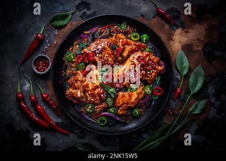 Vor einem düsteren Hintergrund wird das koreanische Hühnchen mit rotem Öl und Chili-Paprika garniert Stockfoto