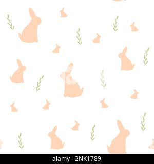 Nahtloses Muster mit Kaninchen-Silhouette und Blättern auf weißem Hintergrund, zarter Druck für Tapete, Cover-Design, Weihnachtsdekor, Kindermode, 2023-Symbol Stock Vektor