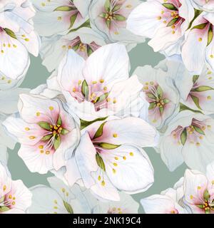 Romantisches, wasserfarbenes Blumenmuster mit Mandelblumen, Kirsch- und Pfirsichblüten auf hellgrün für Muttertag oder Hochzeit Stockfoto