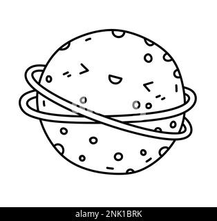 Süßer lächelnder Planet isoliert auf weißem Hintergrund. Handgezeichnete Vektorgrafik im Doodle-Stil. Kawaii-Figur. Perfekt für Dekorationen, Logos, verschiedene Designs. Stock Vektor
