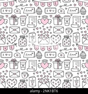Süßes nahtloses Muster für Valentinstag mit Herzen, Buchstaben, Umschlägen, Kaffee, Cupcakes, Geschenke. Handgezeichnete Vektorgrafik. Perfekt für Weihnachtsdesigns, Druck, Dekor, Verpackung Stock Vektor