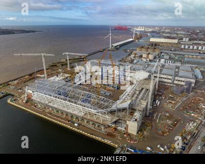 Das New Everton Football Club Stadium während der Konstruktion aus der Luft Stockfoto