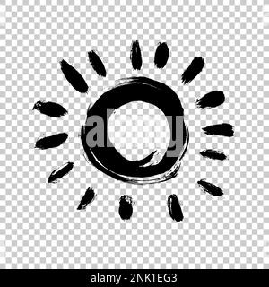 Symbol für bemalte Sonne. Gelbe Farbe. Grunge Designelement für Wettervorhersage-Website. Struktur von Pinselstrichen. Darstellung des Distress-Vektors. Isoliert ein Stock Vektor