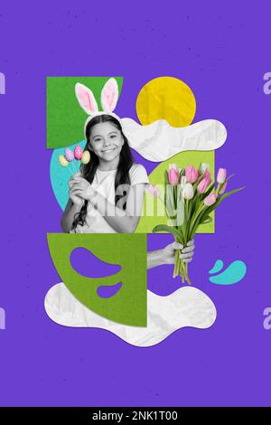 Einladungs-Bild-Poster-Collage eines süßen kleinen Kindes in Hasenkostüm feiern ostern beim Sammeln von Blumen Eier Stockfoto