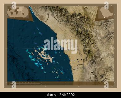 Jazan, Region Saudi-Arabiens. Satellitenkarte mit niedriger Auflösung. Standorte der wichtigsten Städte der Region. Eckkarten für zusätzliche Standorte Stockfoto