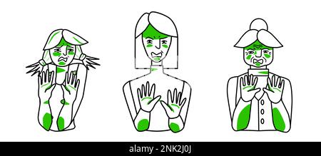 Ekelhafte Emotionen, weibliches Set. Junge, Erwachsene und alte Frauen mit ekelhafter Stimmung, negativer Reaktion, bedecken sich mit Händen. Strichkunst zeichnet menschliche Cha Stock Vektor