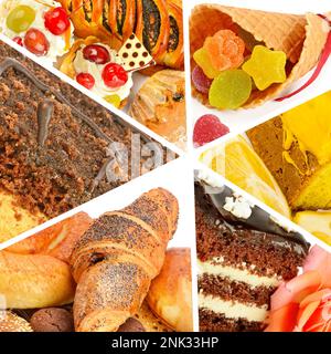 Heller Hintergrund mit Desserts und süßem Gebäck. Fotocollage. Stockfoto
