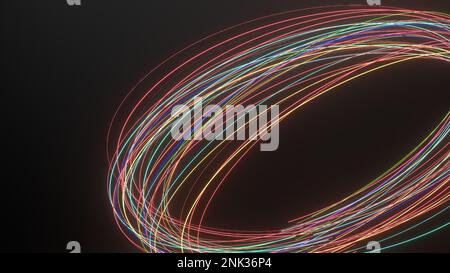 Ein abstraktes, dramatisches, modernes und hochwertiges grafisches Designelement für 3D-Rendering mit einer dünnen Linie, das ein regenbogenfarbenes Licht zeichnet, das ovales High q ausstrahlt Stockfoto
