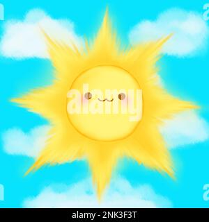 Süßer Cartoon lächelnde Sonnenwolken Himmel Kawaii Anime Manga. Stock Vektor