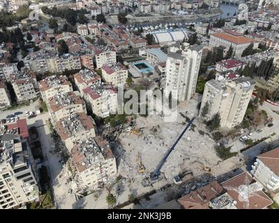 Antakya, Hatay, Türkei Drohne Filmmaterial - 11. Februar 2023: Erdbeben in der Türkei, Kahramanmaras, Gaziantep, Adana, Hatay, Adiyaman, Februar 2023, Earthqu Stockfoto