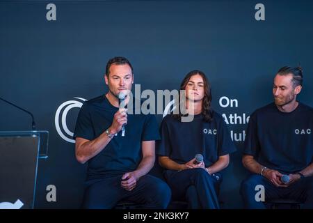 Melbourne, Australien. 22. Februar 2023. Craig Mottram spricht während der Veranstaltung. Craig Mottram, einer der größten Langstreckenläufer Australiens, kündigte heute fünf anstehende Athleten an, die im Rahmen eines internationalen Athletenprogramms ausgewählt wurden, dem ON Athletics Club (OAC), mit der Einführung der Abteilung Ozeanien. Kredit: SOPA Images Limited/Alamy Live News Stockfoto