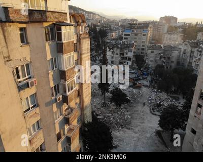 Antakya, Hatay, Türkei Drohne Filmmaterial - 10. Februar 2023: Erdbeben in der Türkei, Kahramanmaras, Gaziantep, Adana, Hatay, Adiyaman, Februar 2023, Earthqu Stockfoto