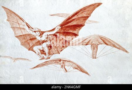 Francisco de Goya y Lucientes - Fliegen aus den „Disparates“ - 1816 - fünf Männer mit Helmen wie Vogelköpfe fliegen mit Flügeln. Stockfoto